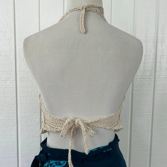 Women Crochet Padded Halter Crop Tank Top Tan Beach Summer Boho Size One Size - Picture 8 of 8